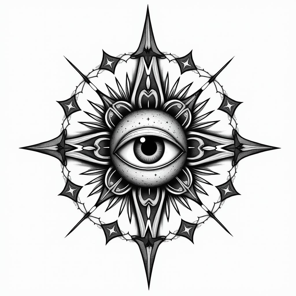 Werder Bremenin prophecy tattoo style, featuring mystical symbols, celestial imagery like stars, moons, suns, geometric patterns, foretelling elements, an eye of wisdom - Variation 3