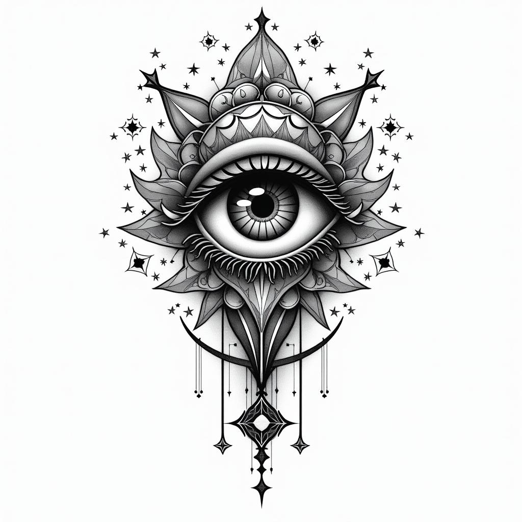 Werder Bremenin prophecy tattoo style, featuring mystical symbols, celestial imagery like stars, moons, suns, geometric patterns, foretelling elements, an eye of wisdom - Variation 2