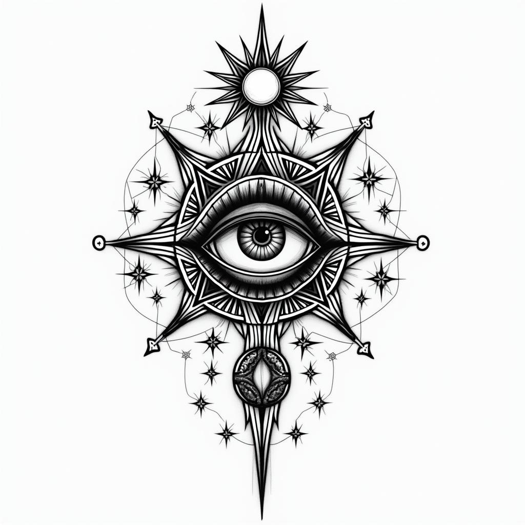 Werder Bremenin prophecy tattoo style, featuring mystical symbols, celestial imagery like stars, moons, suns, geometric patterns, foretelling elements, an eye of wisdom
