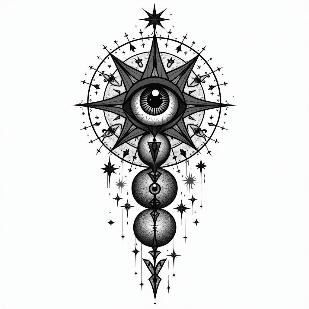 Werder Bremenin prophecy tattoo style, featuring mystical symbols, celestial imagery like stars, moons, suns, geometric patterns, foretelling elements, an eye of wisdom - Variation 4