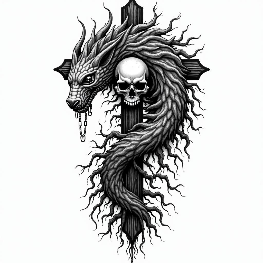 Majestic mythical creature that dwells underground, entwined with tree roots.in chicano style tattoo, featuring intricate black and grey shading, bold elements of traditional chicano culture symbols, add a big cross with skull, chains and roses - Variation 4