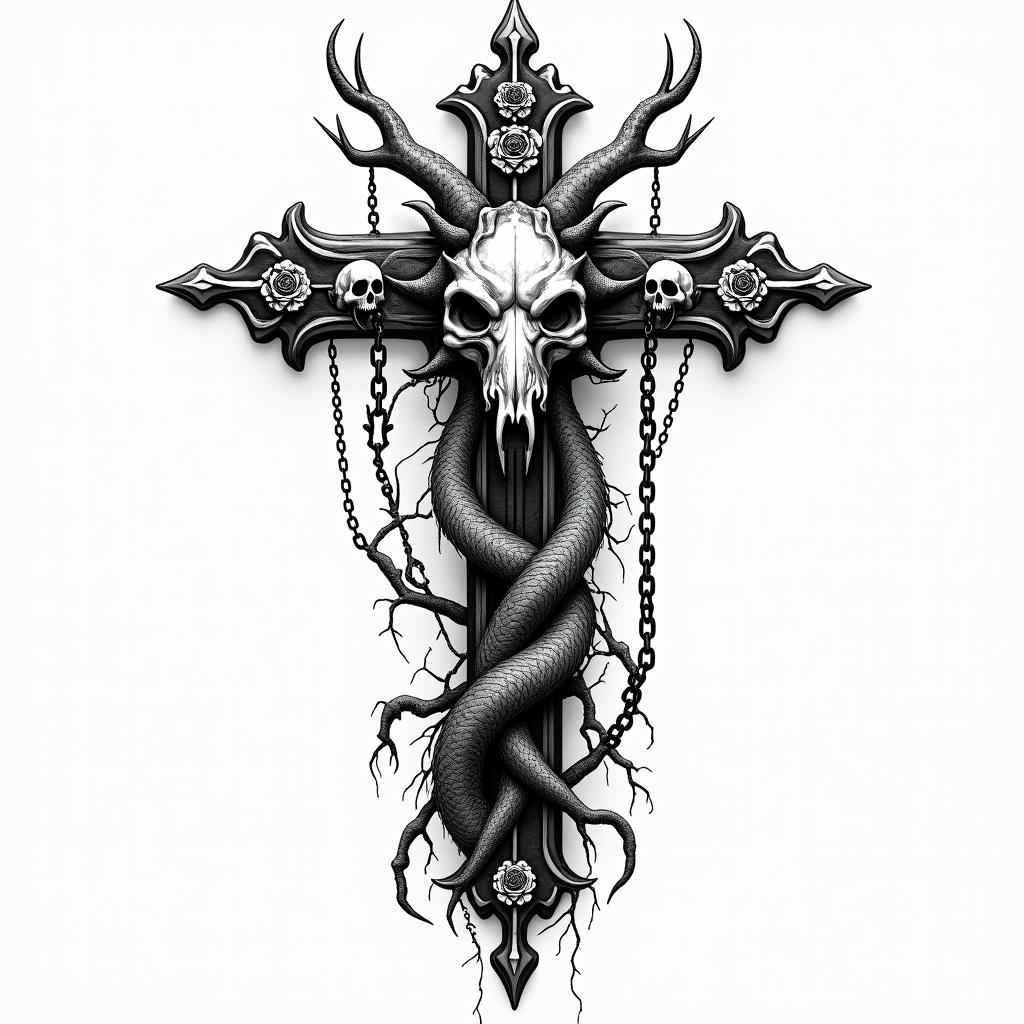 Majestic mythical creature that dwells underground, entwined with tree roots.in chicano style tattoo, featuring intricate black and grey shading, bold elements of traditional chicano culture symbols, add a big cross with skull, chains and roses - Variation 3