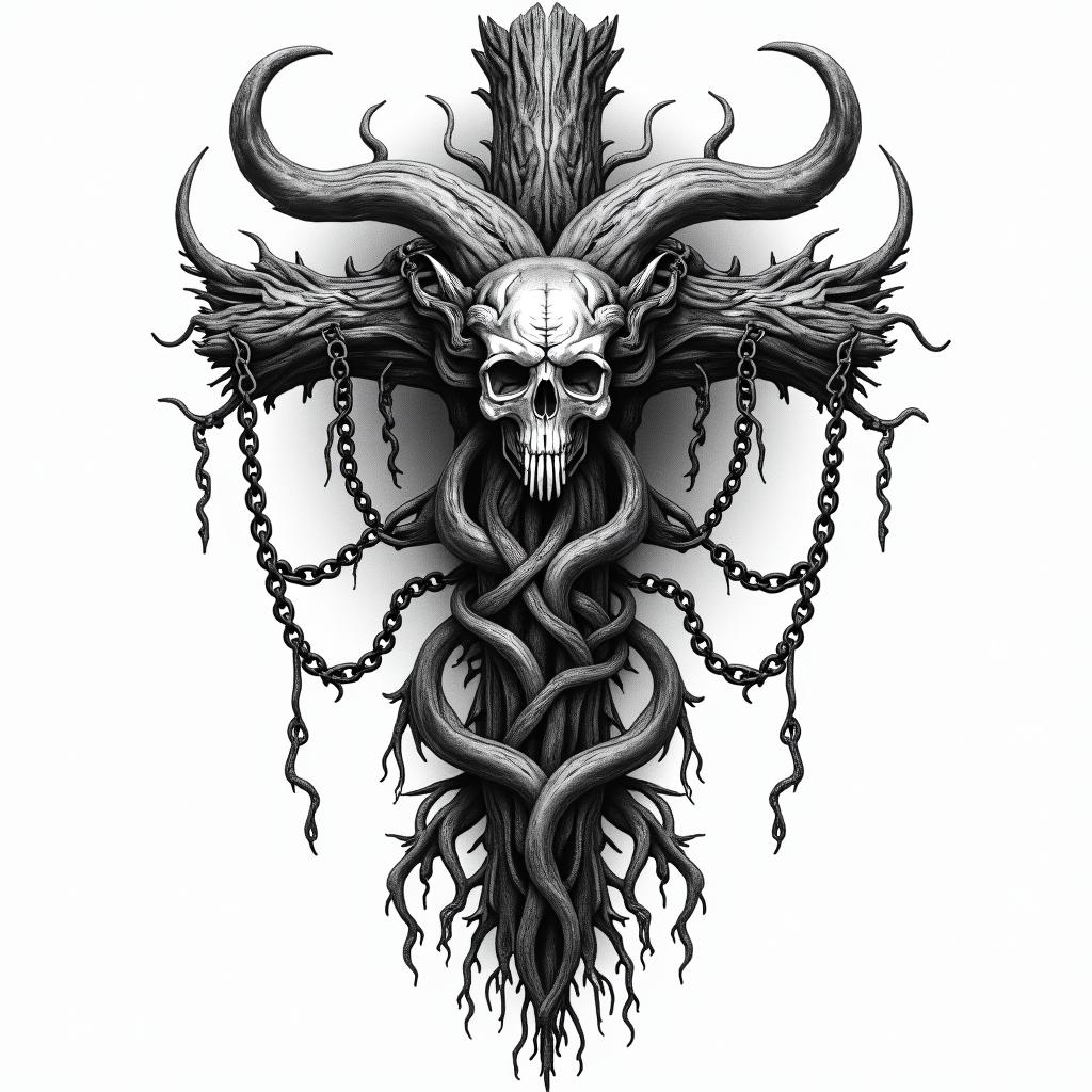 Majestic mythical creature that dwells underground, entwined with tree roots.in chicano style tattoo, featuring intricate black and grey shading, bold elements of traditional chicano culture symbols, add a big cross with skull, chains and roses - Variation 2