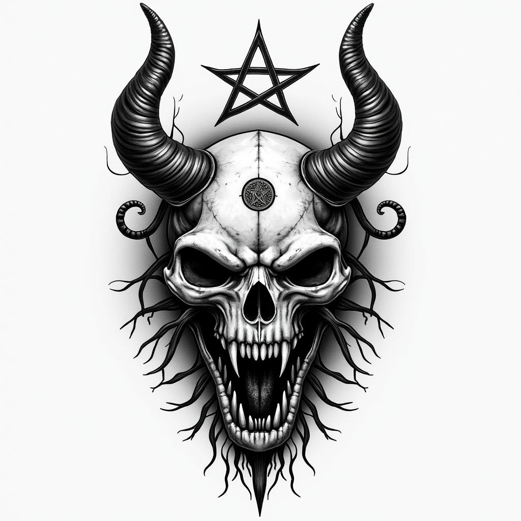 a tattoo about me, my name is alpha, i am a scorpio sun, cancer moon and gemini rising, i enjoy kemetic history and religion, i love scorpions, snakes and black pantherscreepy horror tattoo style, featuring an eerie and unsettling skull of a demonic creature, distorted face with sharp fangs, add pentagram symbol - Variation 2