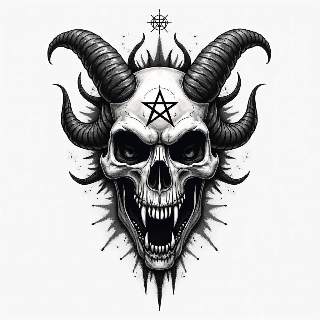 a tattoo about me, my name is alpha, i am a scorpio sun, cancer moon and gemini rising, i enjoy kemetic history and religion, i love scorpions, snakes and black pantherscreepy horror tattoo style, featuring an eerie and unsettling skull of a demonic creature, distorted face with sharp fangs, add pentagram symbol - Variation 4