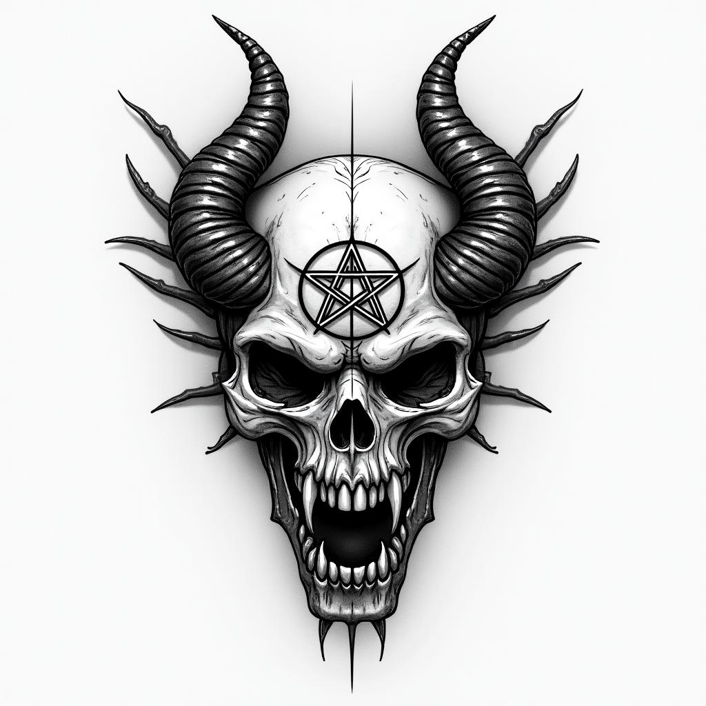 a tattoo about me, my name is alpha, i am a scorpio sun, cancer moon and gemini rising, i enjoy kemetic history and religion, i love scorpions, snakes and black pantherscreepy horror tattoo style, featuring an eerie and unsettling skull of a demonic creature, distorted face with sharp fangs, add pentagram symbol - Variation 3