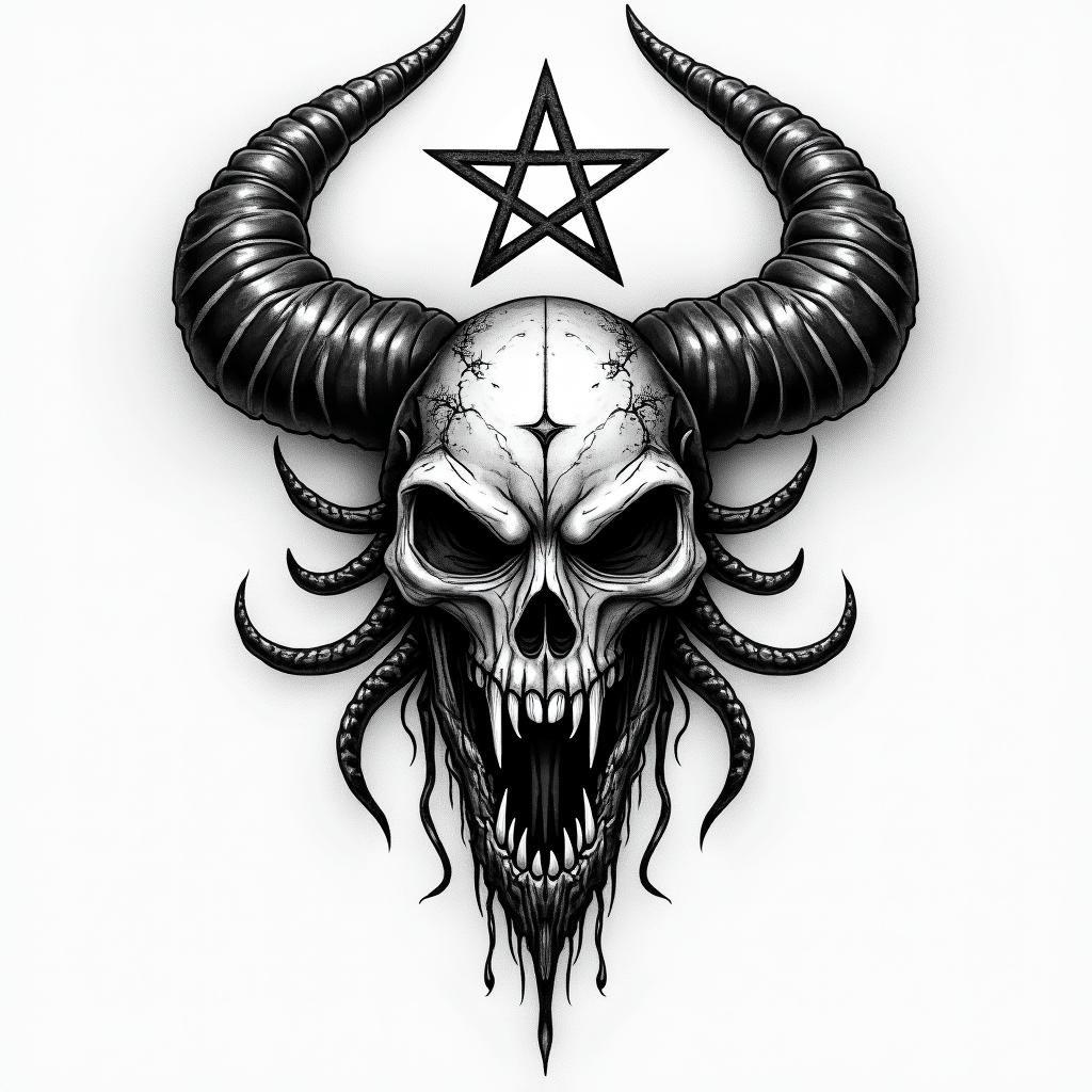 a tattoo about me, my name is alpha, i am a scorpio sun, cancer moon and gemini rising, i enjoy kemetic history and religion, i love scorpions, snakes and black pantherscreepy horror tattoo style, featuring an eerie and unsettling skull of a demonic creature, distorted face with sharp fangs, add pentagram symbol