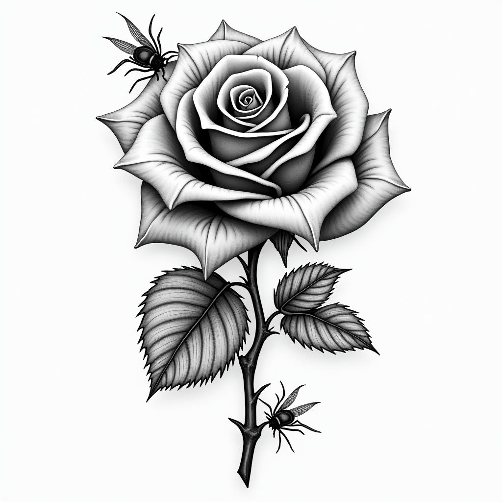Rose with bugs on ithigly detailed tattoo - Variation 2