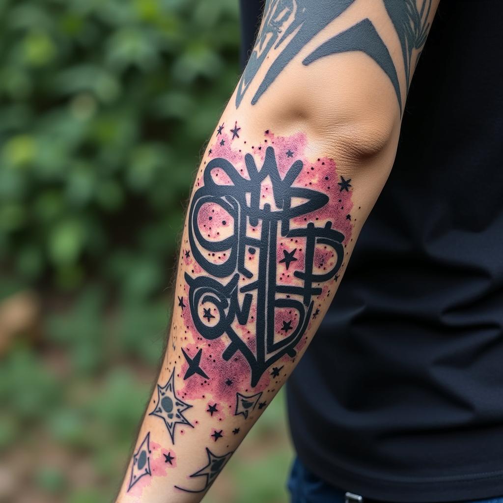 Outdoor sleeve backgroundin graffiti style tattoo, featuring bold and dynamic street art elements, spray-paint texture with exaggerated lines and expressive, chaotic brushstrokes, intricate lettering incorporated with graffiti tags, symbols like hearts, stars, and wings - Variation 3