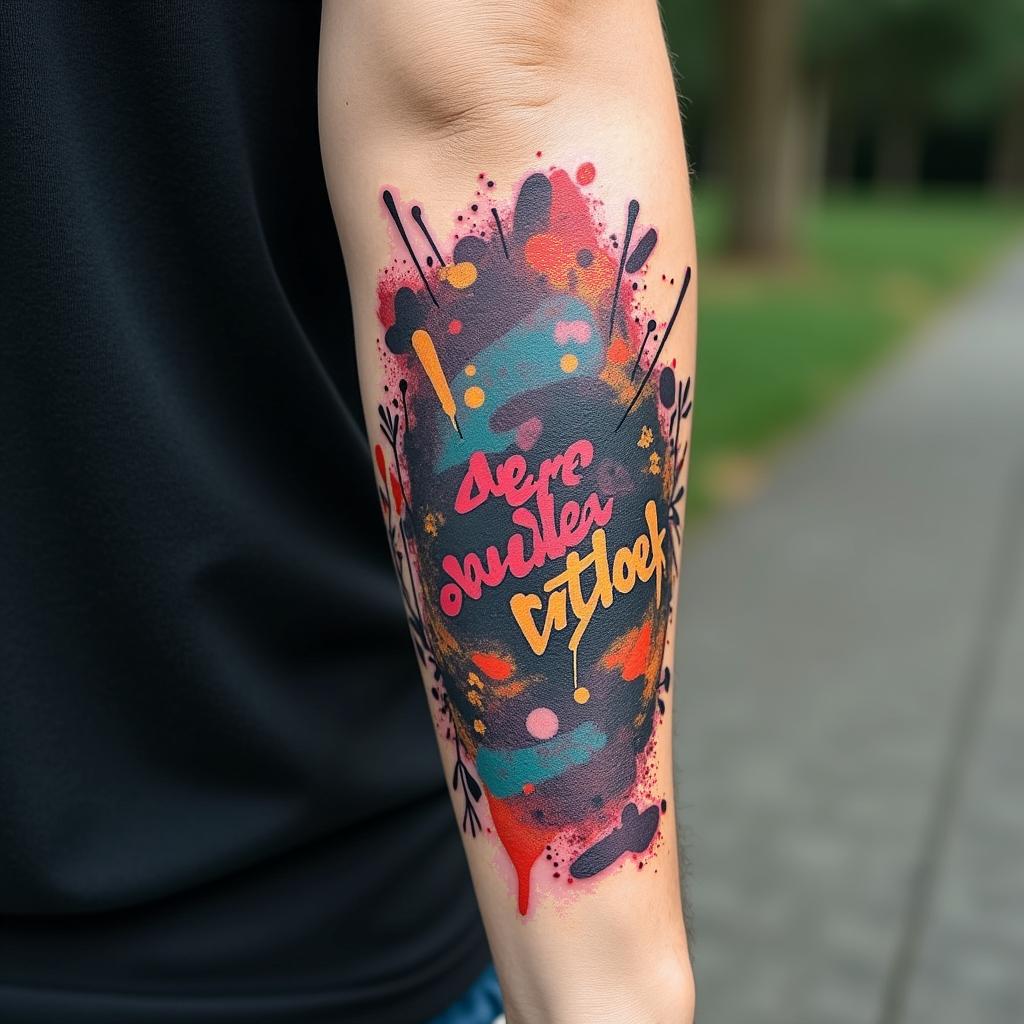 Outdoor sleeve backgroundin graffiti style tattoo, featuring bold and dynamic street art elements, spray-paint texture with exaggerated lines and expressive, chaotic brushstrokes, intricate lettering incorporated with graffiti tags, symbols like hearts, stars, and wings - Variation 2