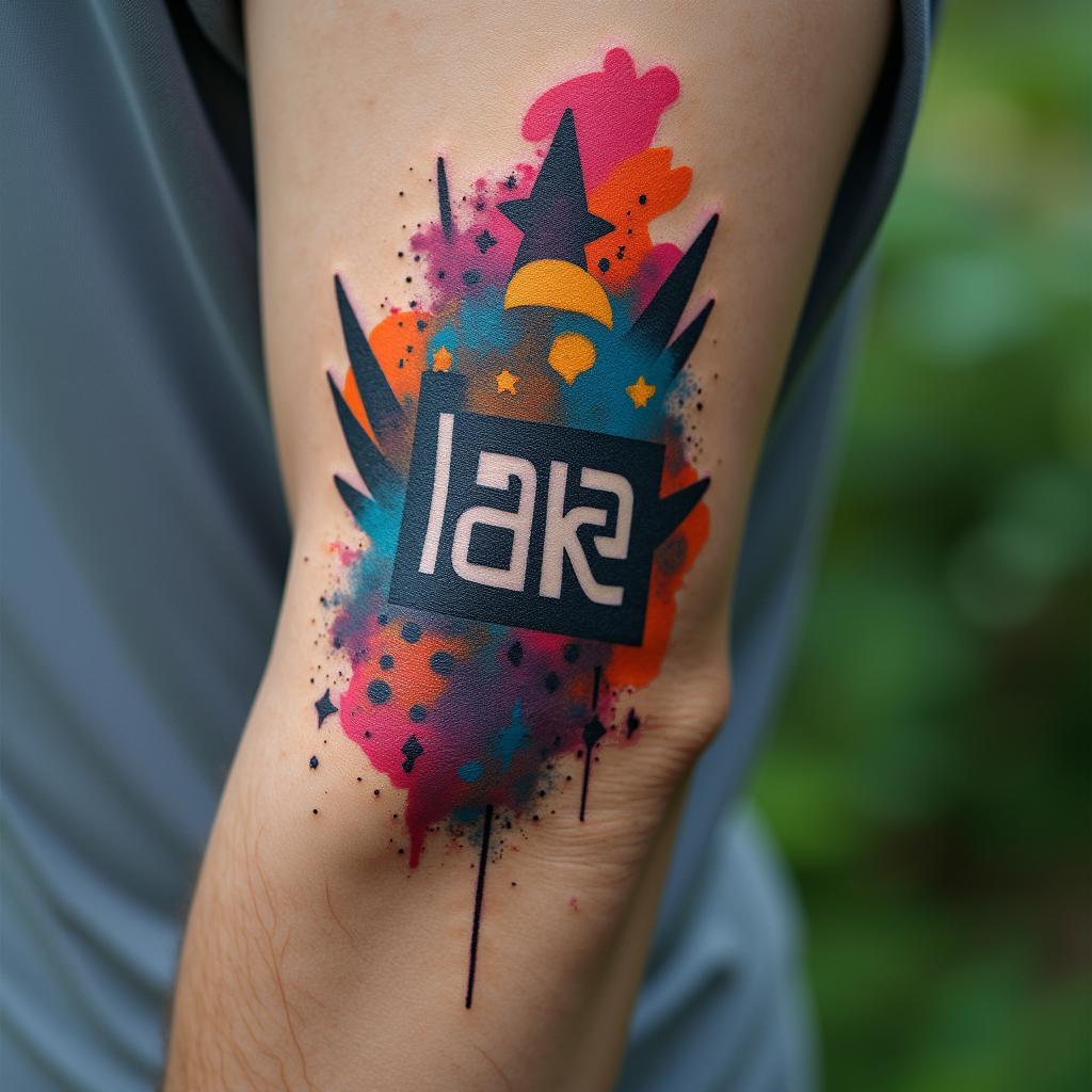 Outdoor sleeve backgroundin graffiti style tattoo, featuring bold and dynamic street art elements, spray-paint texture with exaggerated lines and expressive, chaotic brushstrokes, intricate lettering incorporated with graffiti tags, symbols like hearts, stars, and wings