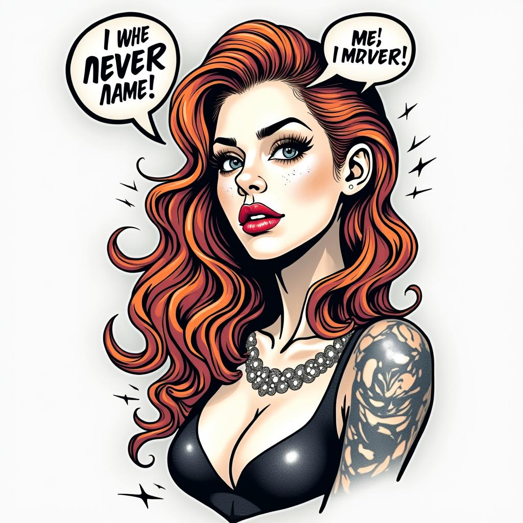 He left me I'll never be the samein pop art style tattoo, featuring bold and vibrant colors, exaggerated outlines, iconic imagery, inspired by comic books and speech bubbles, comic book characters, retro pop culture - Variation 4