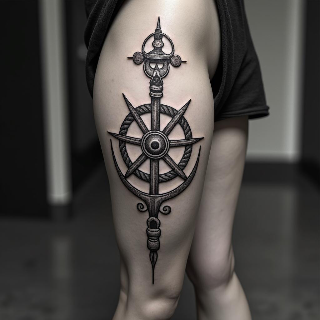 Anchor with nautical rope and compassin paganic style tattoo, featuring ancient symbols, add vegvisir symbol, mystical figures, incorporating designs, pentagrams, runes, crescent moons, - Variation 5