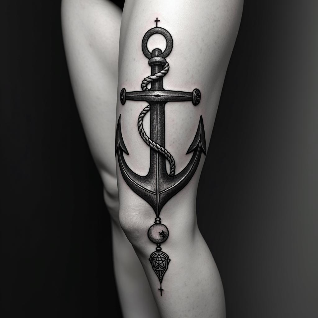 Anchor with nautical rope and compassin paganic style tattoo, featuring ancient symbols, add vegvisir symbol, mystical figures, incorporating designs, pentagrams, runes, crescent moons, - Variation 3