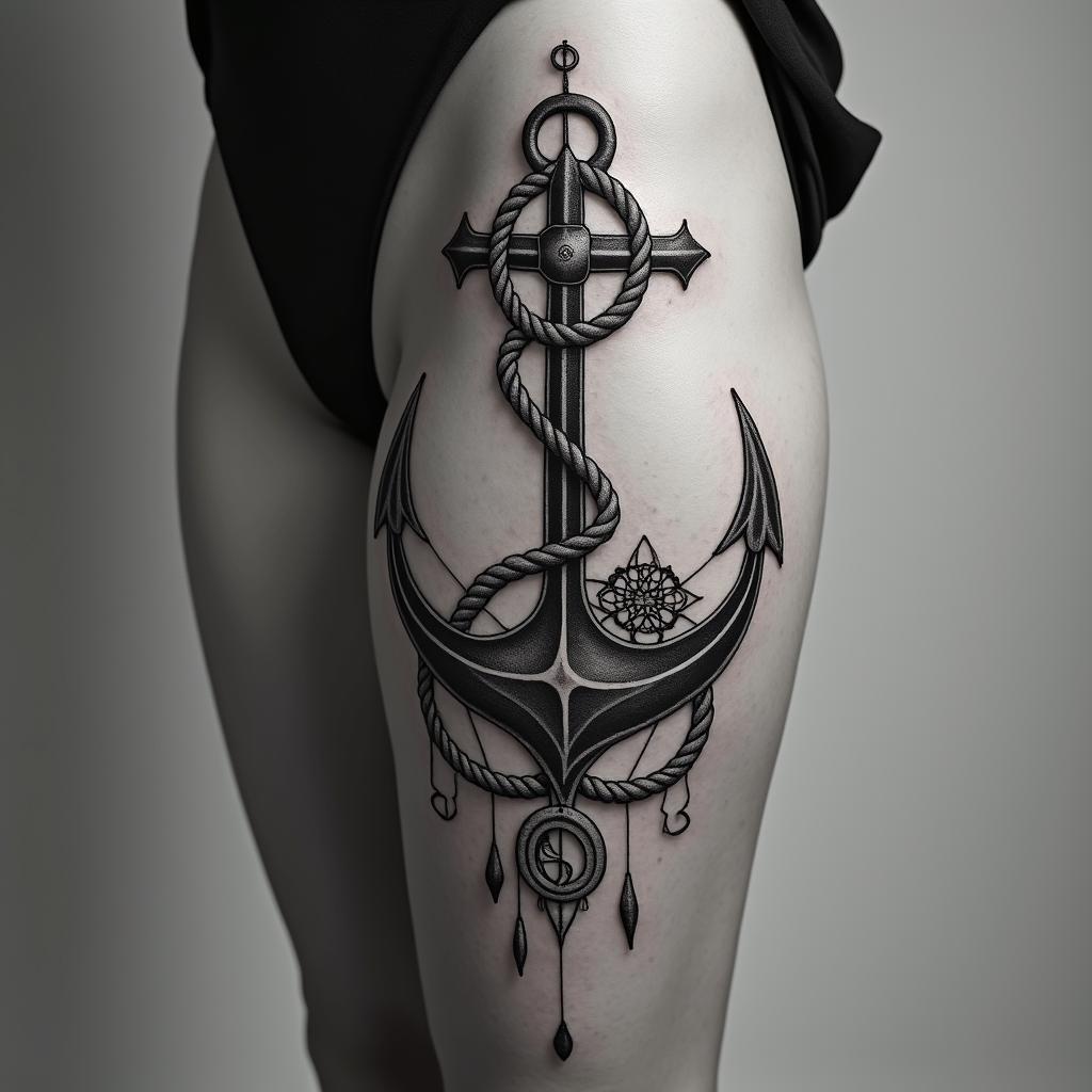 Anchor with nautical rope and compassin paganic style tattoo, featuring ancient symbols, add vegvisir symbol, mystical figures, incorporating designs, pentagrams, runes, crescent moons, - Variation 6