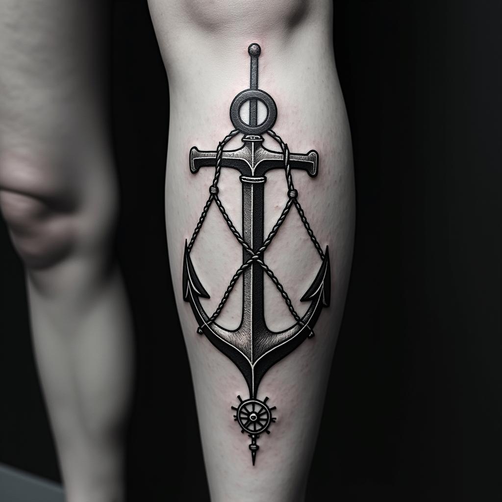 Anchor with nautical rope and compassin paganic style tattoo, featuring ancient symbols, add vegvisir symbol, mystical figures, incorporating designs, pentagrams, runes, crescent moons, - Variation 4