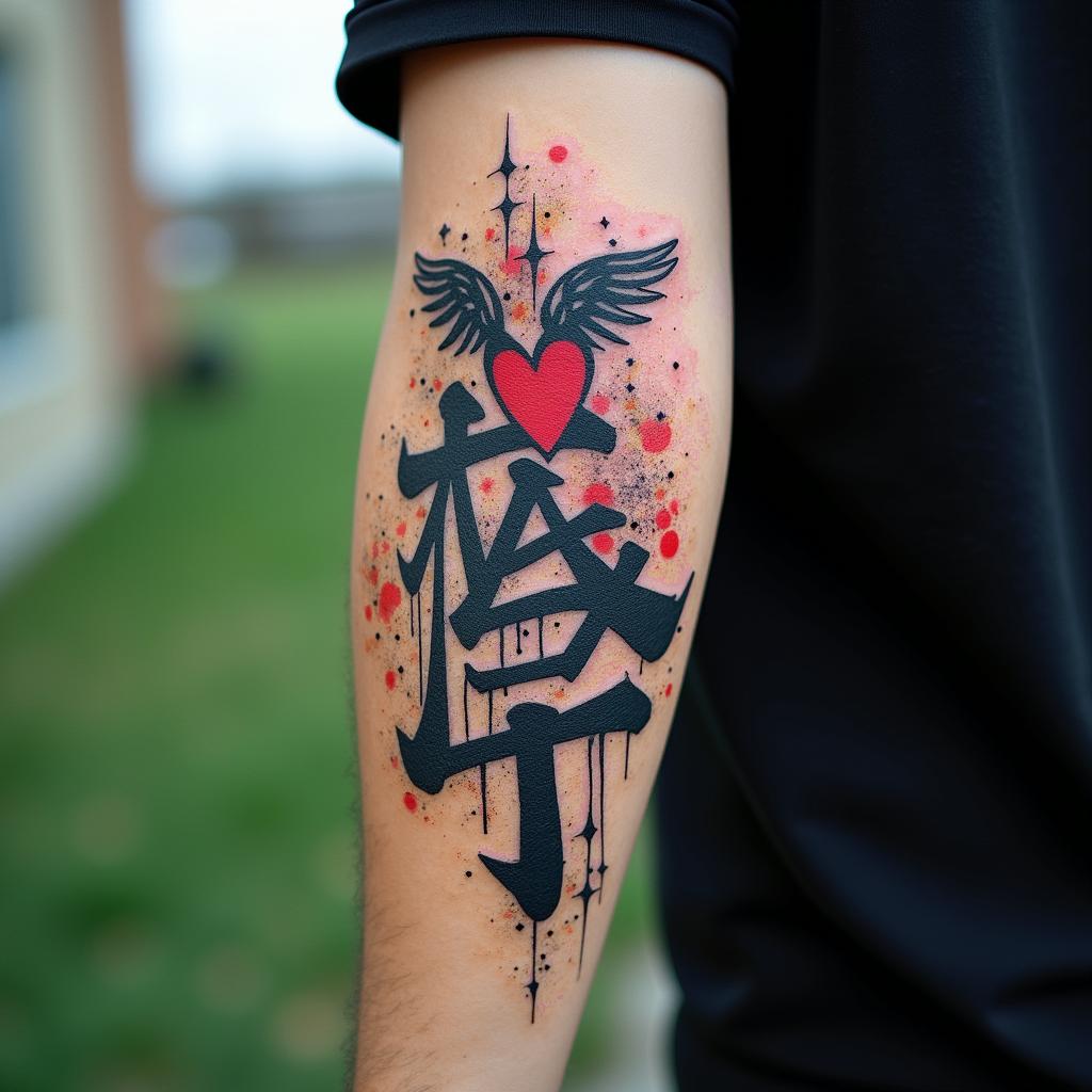 Outdoor backgroundin graffiti style tattoo, featuring bold and dynamic street art elements, spray-paint texture with exaggerated lines and expressive, chaotic brushstrokes, intricate lettering incorporated with graffiti tags, symbols like hearts, stars, and wings