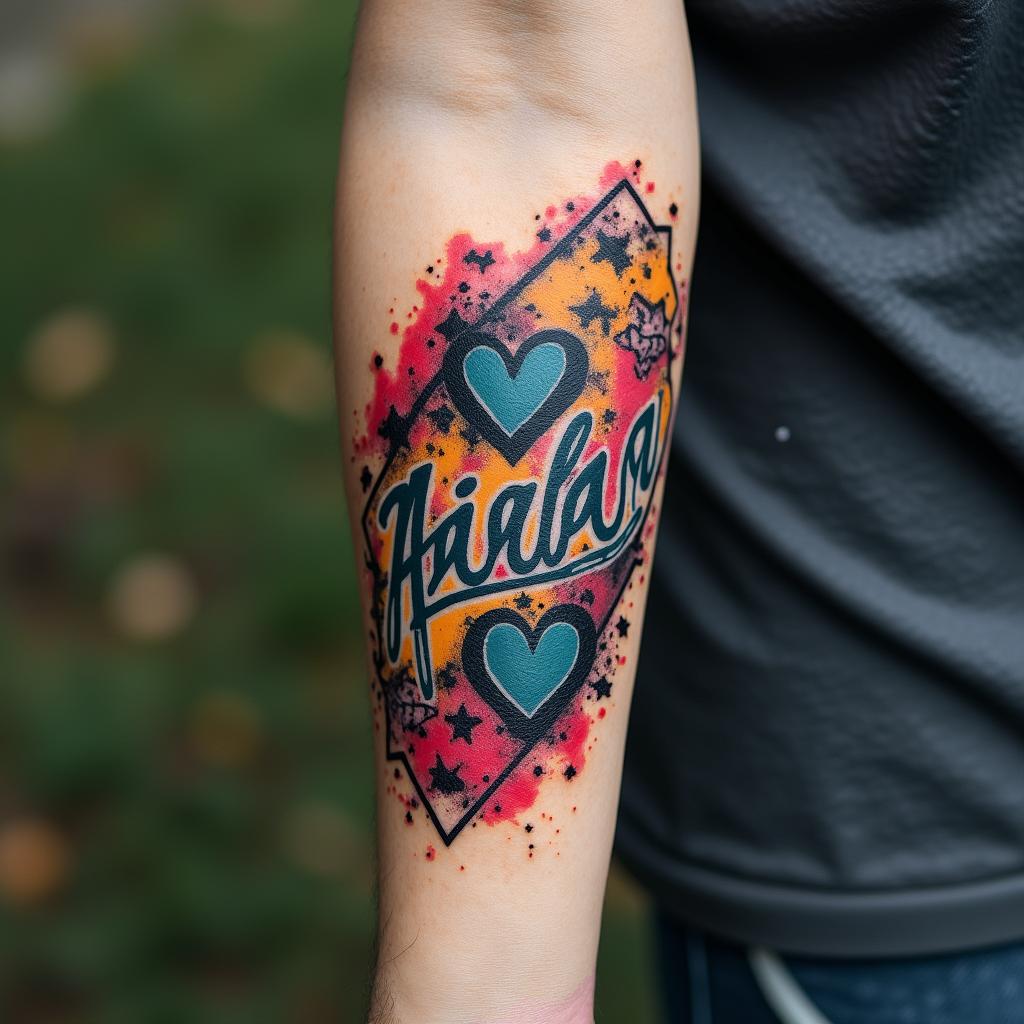Outdoor backgroundin graffiti style tattoo, featuring bold and dynamic street art elements, spray-paint texture with exaggerated lines and expressive, chaotic brushstrokes, intricate lettering incorporated with graffiti tags, symbols like hearts, stars, and wings - Variation 2