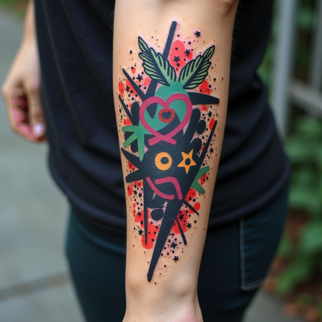 Outdoor backgroundin graffiti style tattoo, featuring bold and dynamic street art elements, spray-paint texture with exaggerated lines and expressive, chaotic brushstrokes, intricate lettering incorporated with graffiti tags, symbols like hearts, stars, and wings - Variation 3