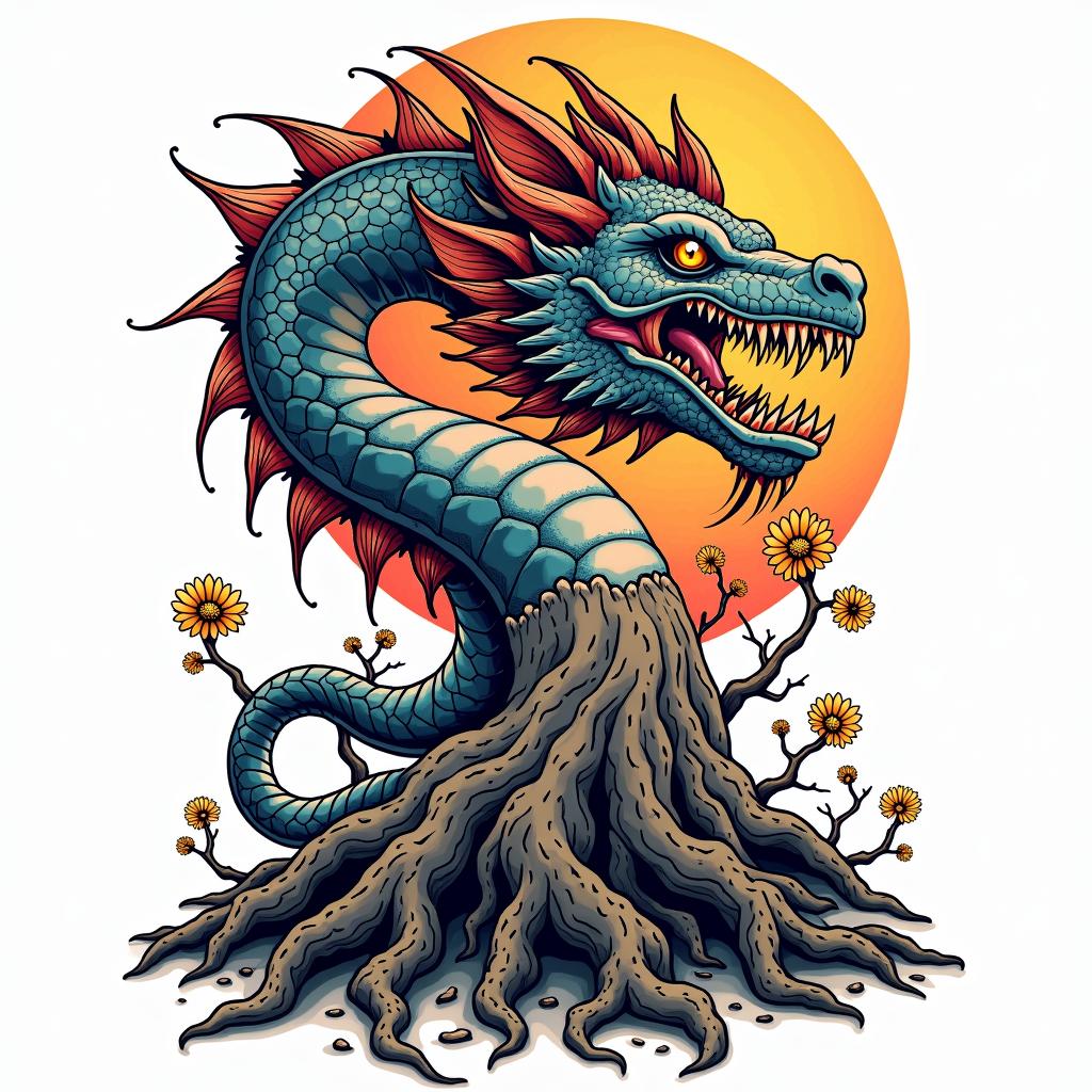 Majestic mythical creature that merges with tree roots underground.in pop art style tattoo, featuring bold and vibrant colors, exaggerated outlines, iconic imagery, inspired by comic books and speech bubbles, comic book characters, retro pop culture - Variation 4