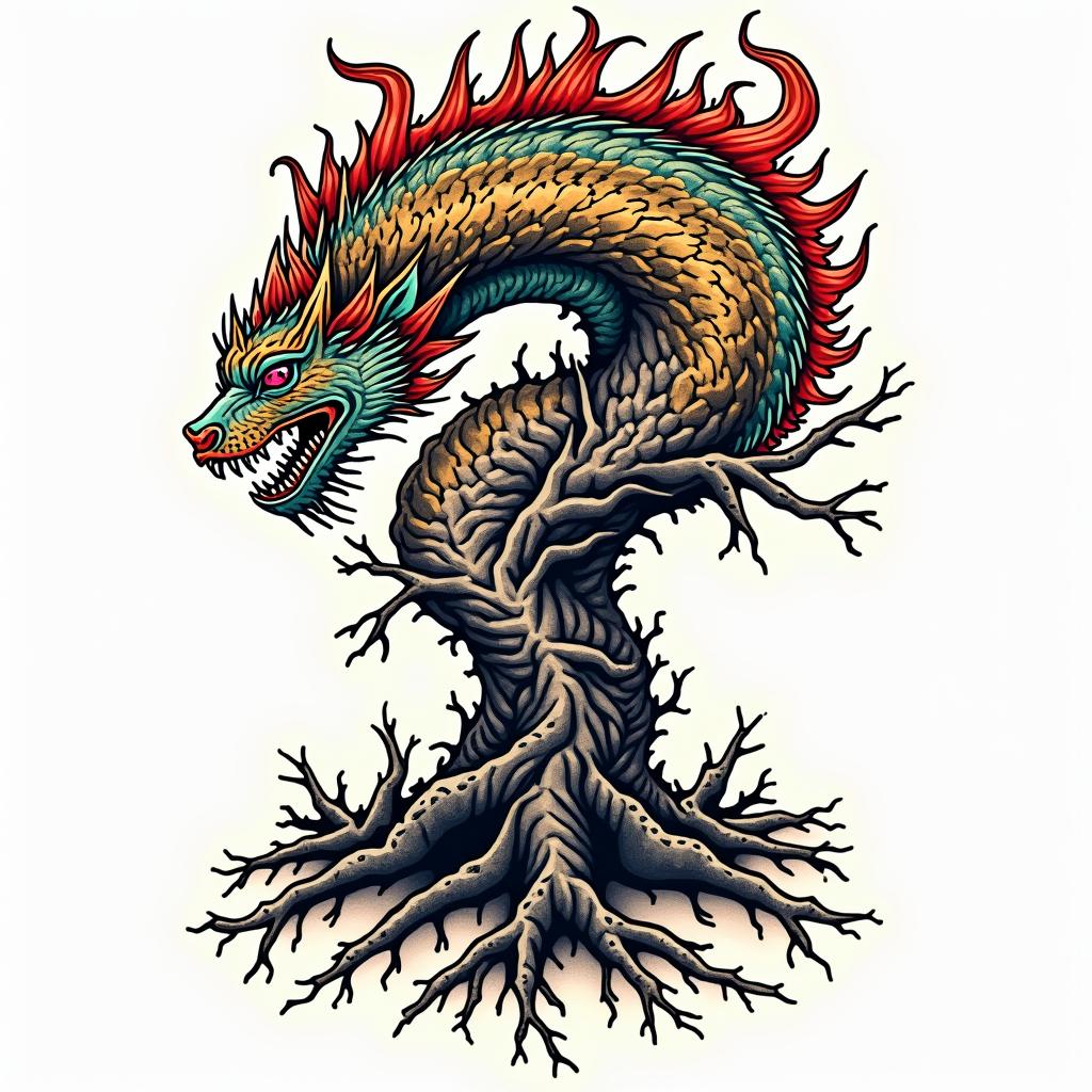 Majestic mythical creature that merges with tree roots underground.in pop art style tattoo, featuring bold and vibrant colors, exaggerated outlines, iconic imagery, inspired by comic books and speech bubbles, comic book characters, retro pop culture - Variation 3