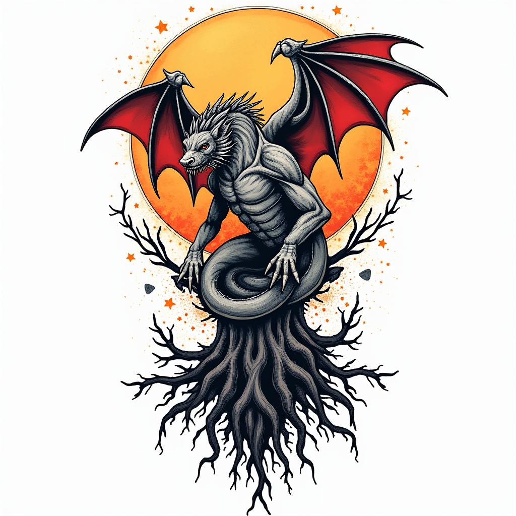 Majestic mythical creature that merges with tree roots underground.in pop art style tattoo, featuring bold and vibrant colors, exaggerated outlines, iconic imagery, inspired by comic books and speech bubbles, comic book characters, retro pop culture - Variation 2