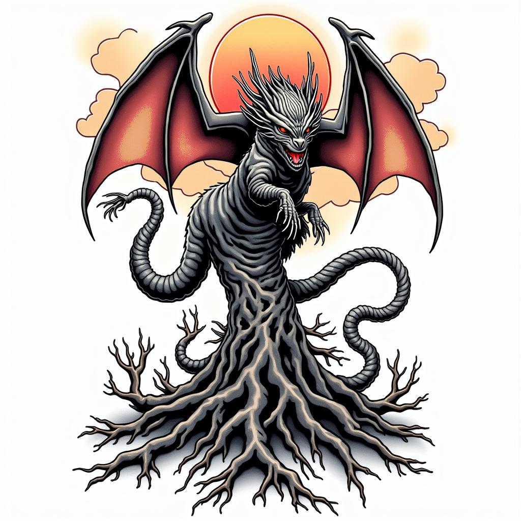 Majestic mythical creature that merges with tree roots underground.in pop art style tattoo, featuring bold and vibrant colors, exaggerated outlines, iconic imagery, inspired by comic books and speech bubbles, comic book characters, retro pop culture