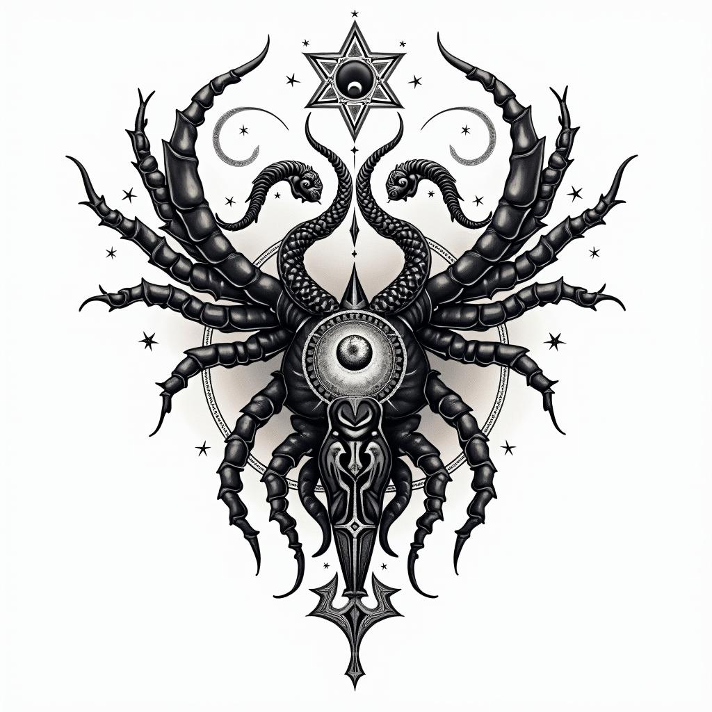 scorpio sun, cancer moon and gemini rising, kemetic history and religion,  scorpions, snakes and black panthersin prophecy tattoo style, featuring mystical symbols, celestial imagery like stars, moons, suns, geometric patterns, foretelling elements, an eye of wisdom - Variation 3