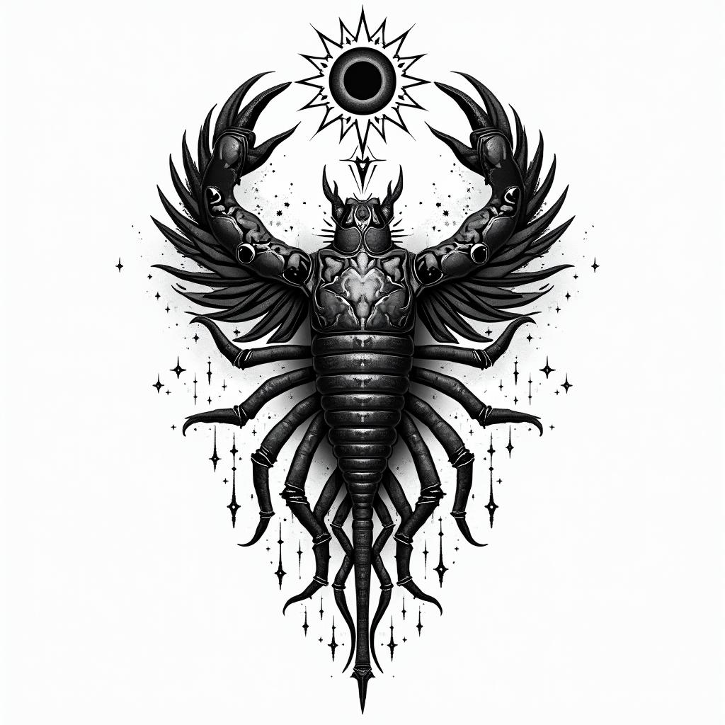 scorpio sun, cancer moon and gemini rising, kemetic history and religion,  scorpions, snakes and black panthersin prophecy tattoo style, featuring mystical symbols, celestial imagery like stars, moons, suns, geometric patterns, foretelling elements, an eye of wisdom - Variation 4