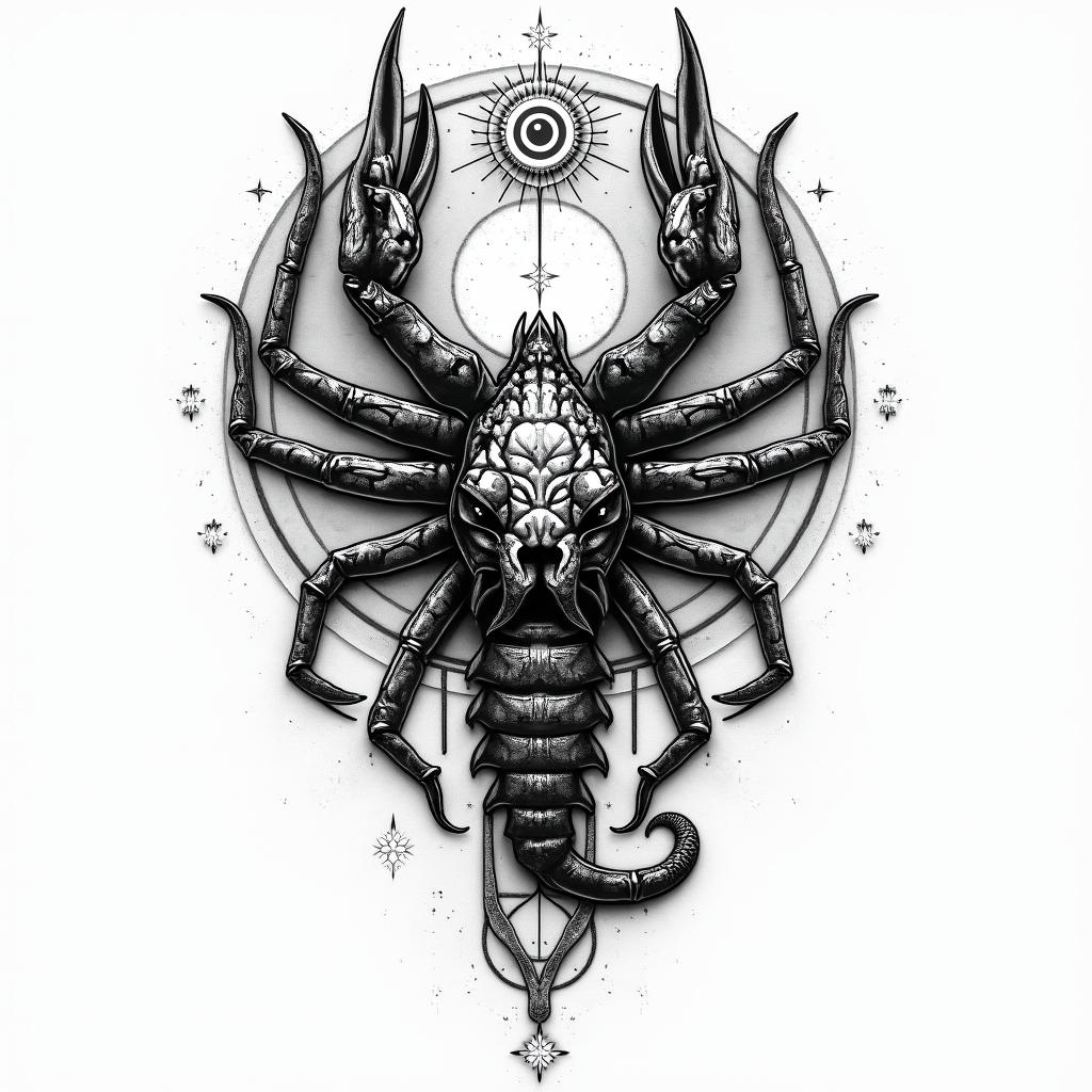 scorpio sun, cancer moon and gemini rising, kemetic history and religion,  scorpions, snakes and black panthersin prophecy tattoo style, featuring mystical symbols, celestial imagery like stars, moons, suns, geometric patterns, foretelling elements, an eye of wisdom - Variation 2
