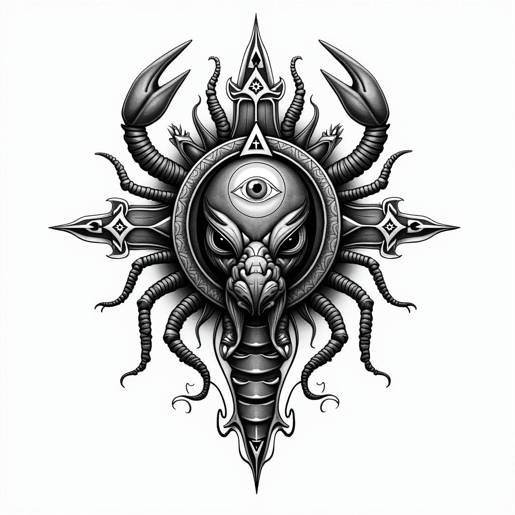 scorpio sun, cancer moon and gemini rising, kemetic history and religion,  scorpions, snakes and black panthersin prophecy tattoo style, featuring mystical symbols, celestial imagery like stars, moons, suns, geometric patterns, foretelling elements, an eye of wisdom