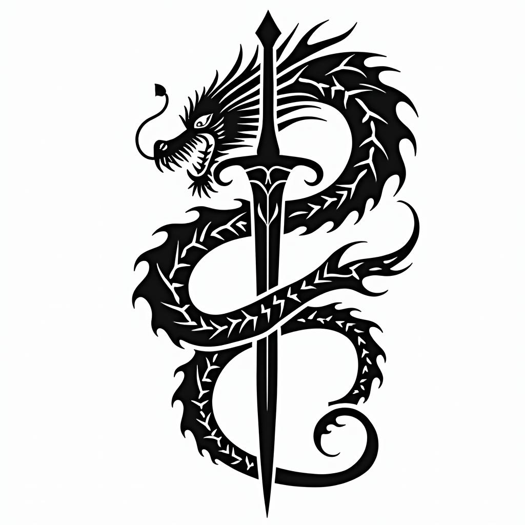 Majestic dragon coiled around a swordin tribal tattoo style, featuring bold and black geometric shapes, curved lines, intertwine and flow seamlessly, creating a powerful and symbolic design, polynesian and maori styles - Variation 12