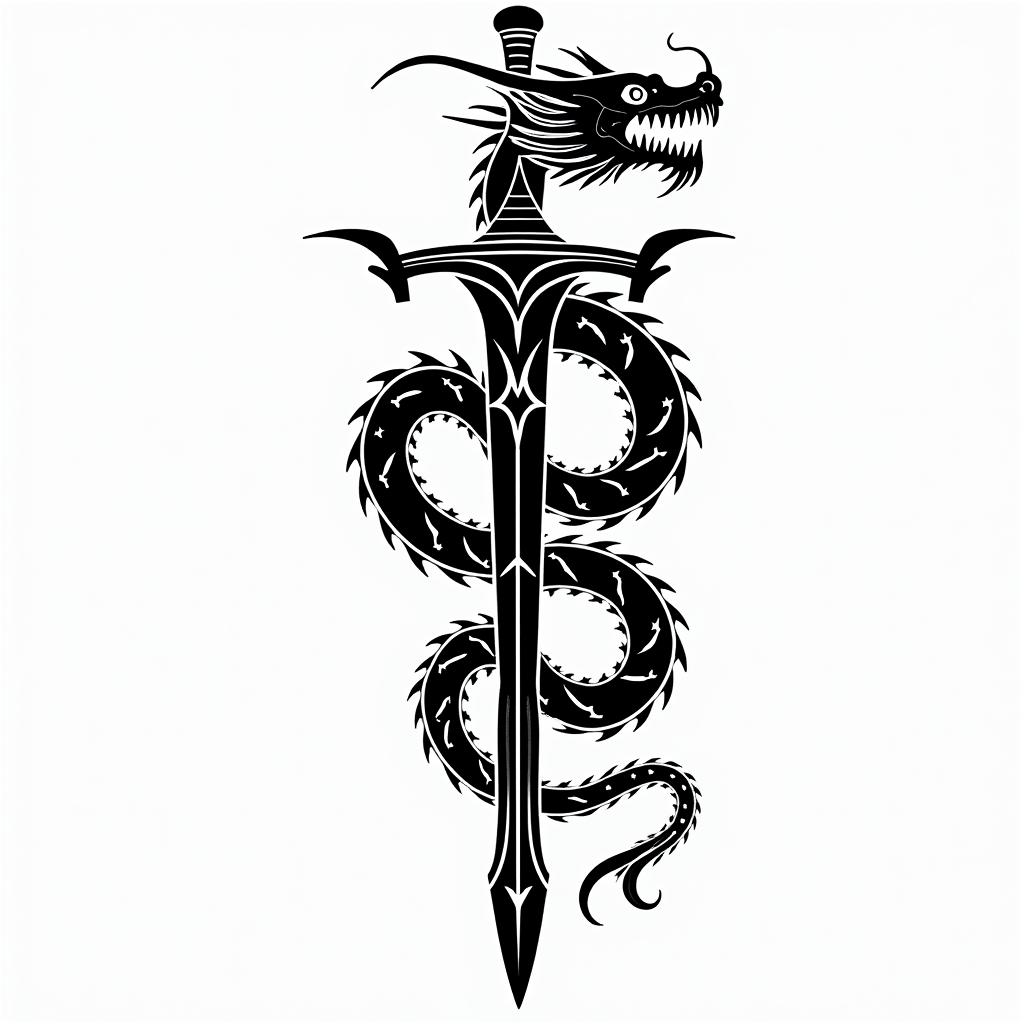 Majestic dragon coiled around a swordin tribal tattoo style, featuring bold and black geometric shapes, curved lines, intertwine and flow seamlessly, creating a powerful and symbolic design, polynesian and maori styles - Variation 9