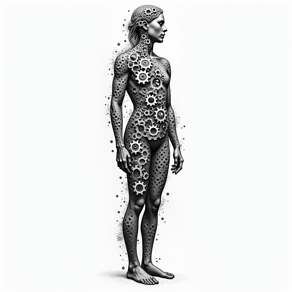 Mechanical gears fused with human anatomyin Modest style tattoo, featuring soft, delicate line work with simple and meaningful symbols, gentle waves, a heart, evoking a sense of serenity and grace,