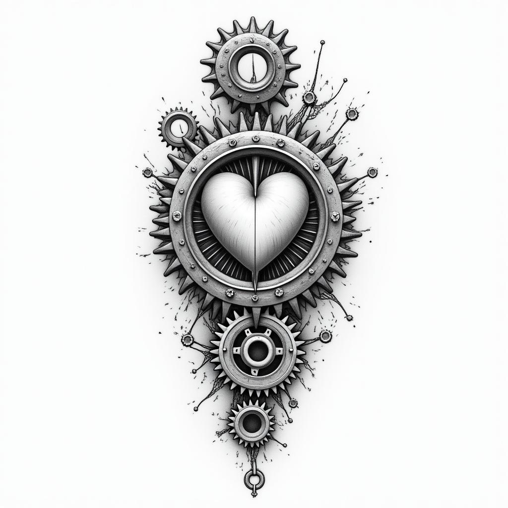 Mechanical gears fused with human anatomyin Modest style tattoo, featuring soft, delicate line work with simple and meaningful symbols, gentle waves, a heart, evoking a sense of serenity and grace, - Variation 2