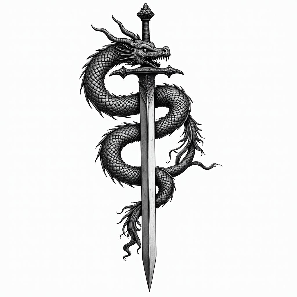 Majestic dragon coiled around a swordin bohemian style tattoo, 8k - Variation 2