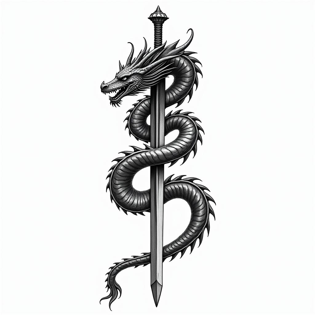 Majestic dragon coiled around a swordin bohemian style tattoo, 8k - Variation 3