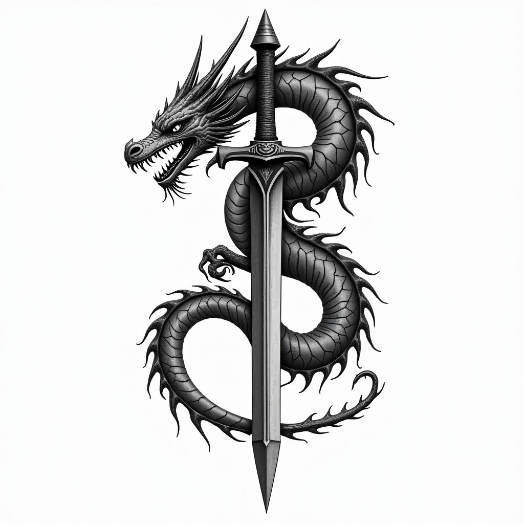 Majestic dragon coiled around a swordin bohemian style tattoo, 8k - Variation 4
