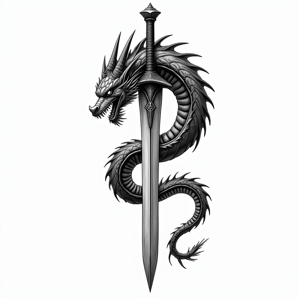 Majestic dragon coiled around a swordin bohemian style tattoo, 8k