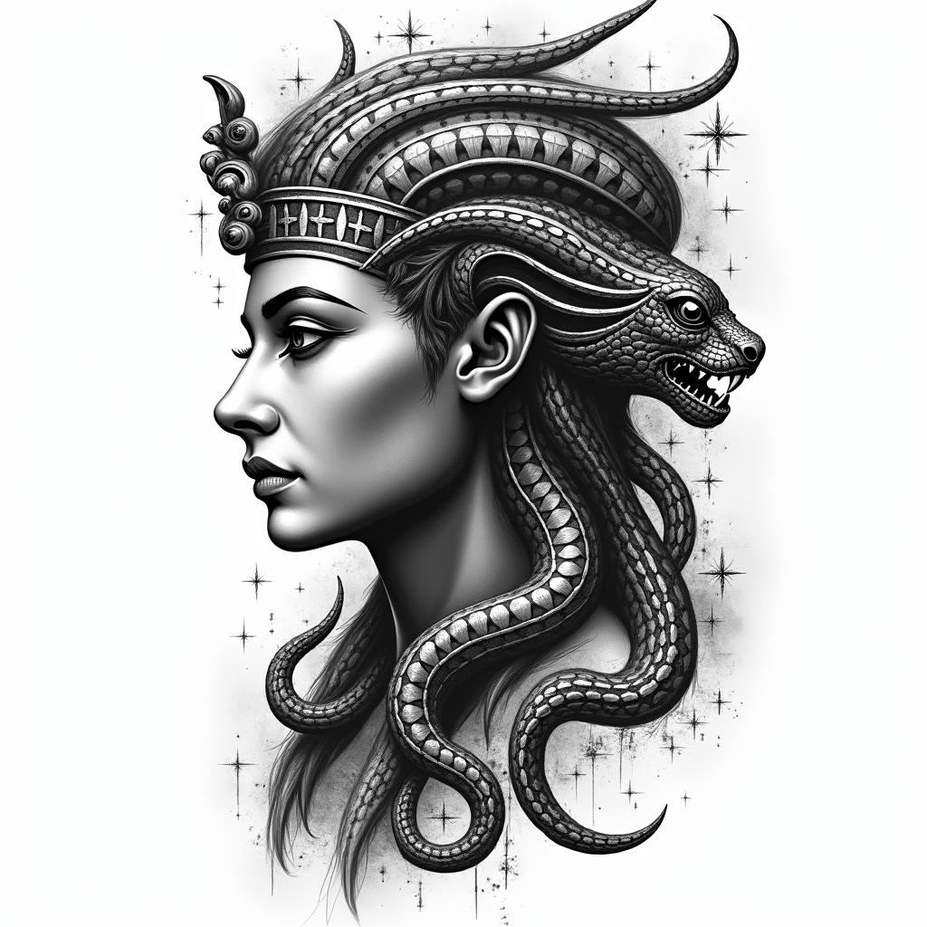 scorpio sun, cancer moon and gemini rising, kemetic history and religion, scorpions, snakes and black panthersin egyptian style tattoo, bold elements of ancient egyptian culture including a portrait of an Egyptian pharaoh with detailed facial features, in hieroglyphs and symbolic imagery, eye of horus, ankh symbol, scarab beetle
