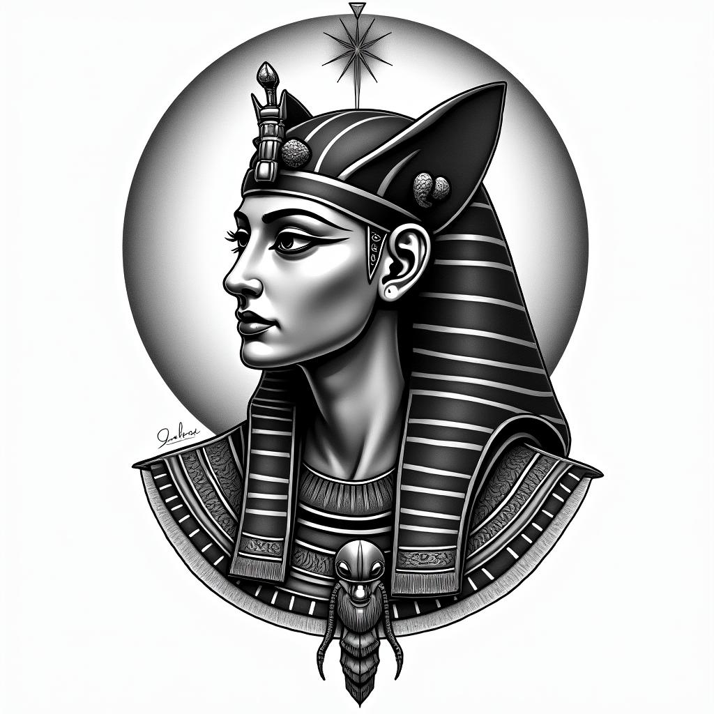 scorpio sun, cancer moon and gemini rising, kemetic history and religion, scorpions, snakes and black panthersin egyptian style tattoo, bold elements of ancient egyptian culture including a portrait of an Egyptian pharaoh with detailed facial features, in hieroglyphs and symbolic imagery, eye of horus, ankh symbol, scarab beetle - Variation 2