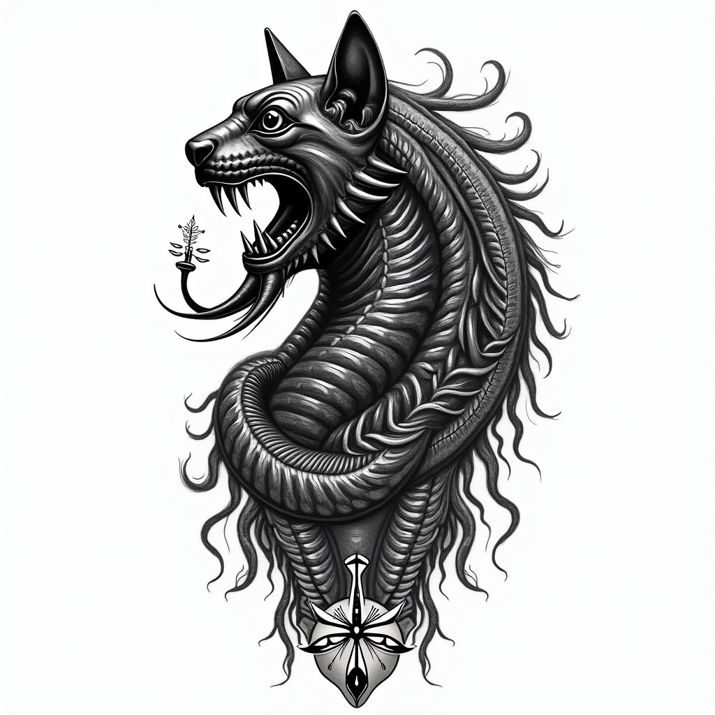 scorpio sun, cancer moon and gemini rising, kemetic history and religion, scorpions, snakes and black panthersin egyptian style tattoo, bold elements of ancient egyptian culture including a portrait of an Egyptian pharaoh with detailed facial features, in hieroglyphs and symbolic imagery, eye of horus, ankh symbol, scarab beetle - Variation 3