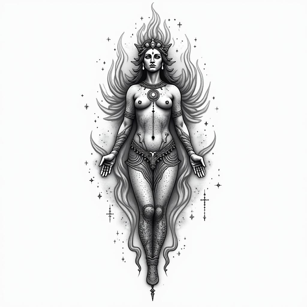 Athena, the goddess of war, firein spiritual symbols tattoo style, featuring an intricate design incorporating elements, Hamsa hand, third eye, minimalist composition - Variation 6