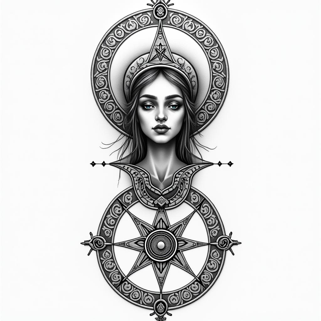 Nurse professionin paganic style tattoo, featuring ancient symbols, add vegvisir symbol, mystical figures, incorporating designs, pentagrams, runes, crescent moons, - Variation 4