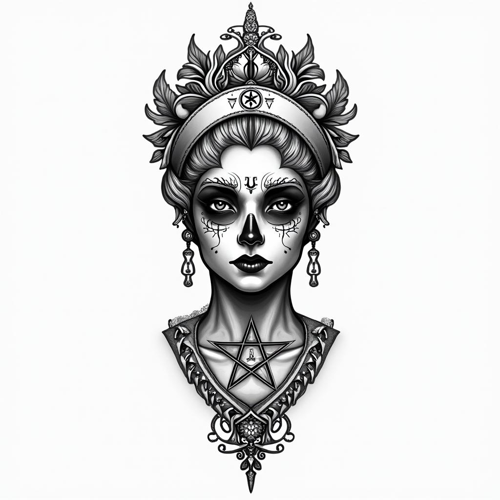 Nurse professionin paganic style tattoo, featuring ancient symbols, add vegvisir symbol, mystical figures, incorporating designs, pentagrams, runes, crescent moons, - Variation 3