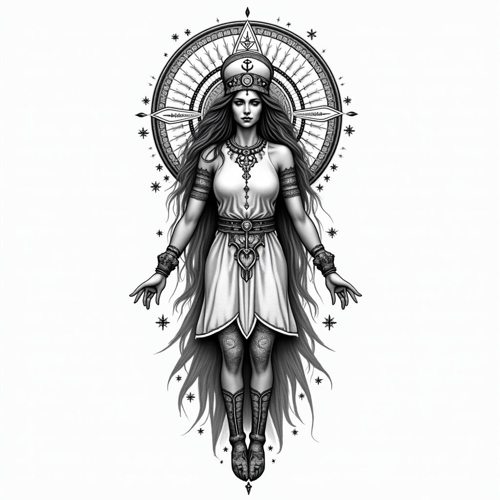 Nurse professionin paganic style tattoo, featuring ancient symbols, add vegvisir symbol, mystical figures, incorporating designs, pentagrams, runes, crescent moons, - Variation 2