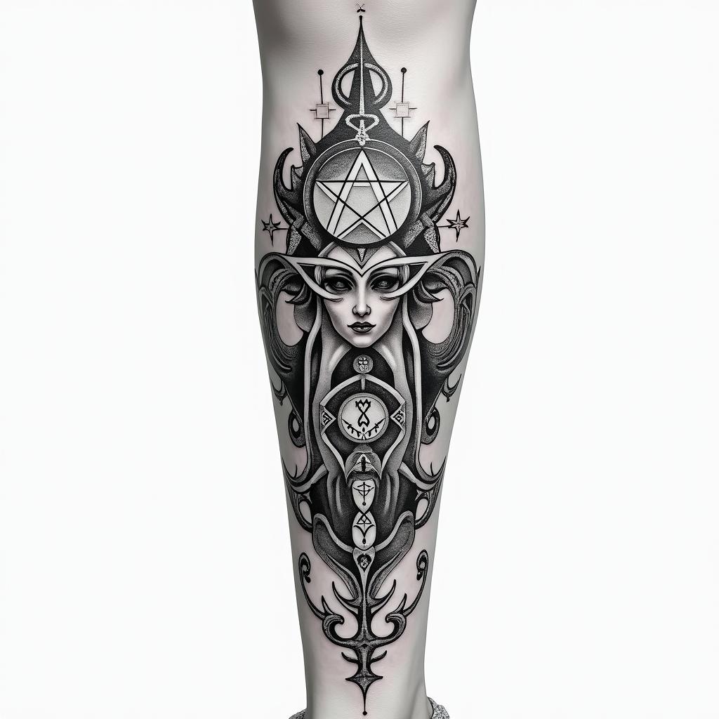 Nurse professionin paganic style tattoo, featuring ancient symbols, add vegvisir symbol, mystical figures, incorporating designs, pentagrams, runes, crescent moons,