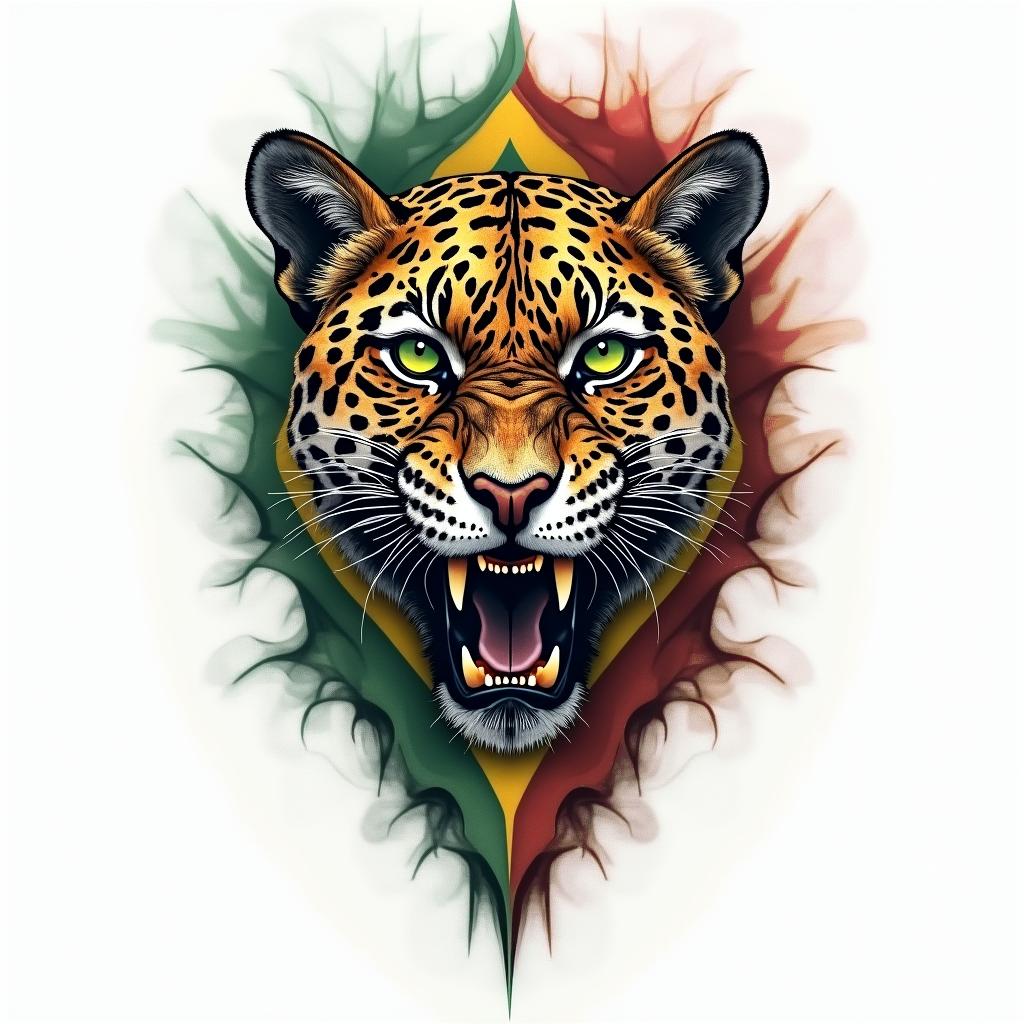 Brazilian flag with jaguar in colorhigly detailed tattoo - Variation 6