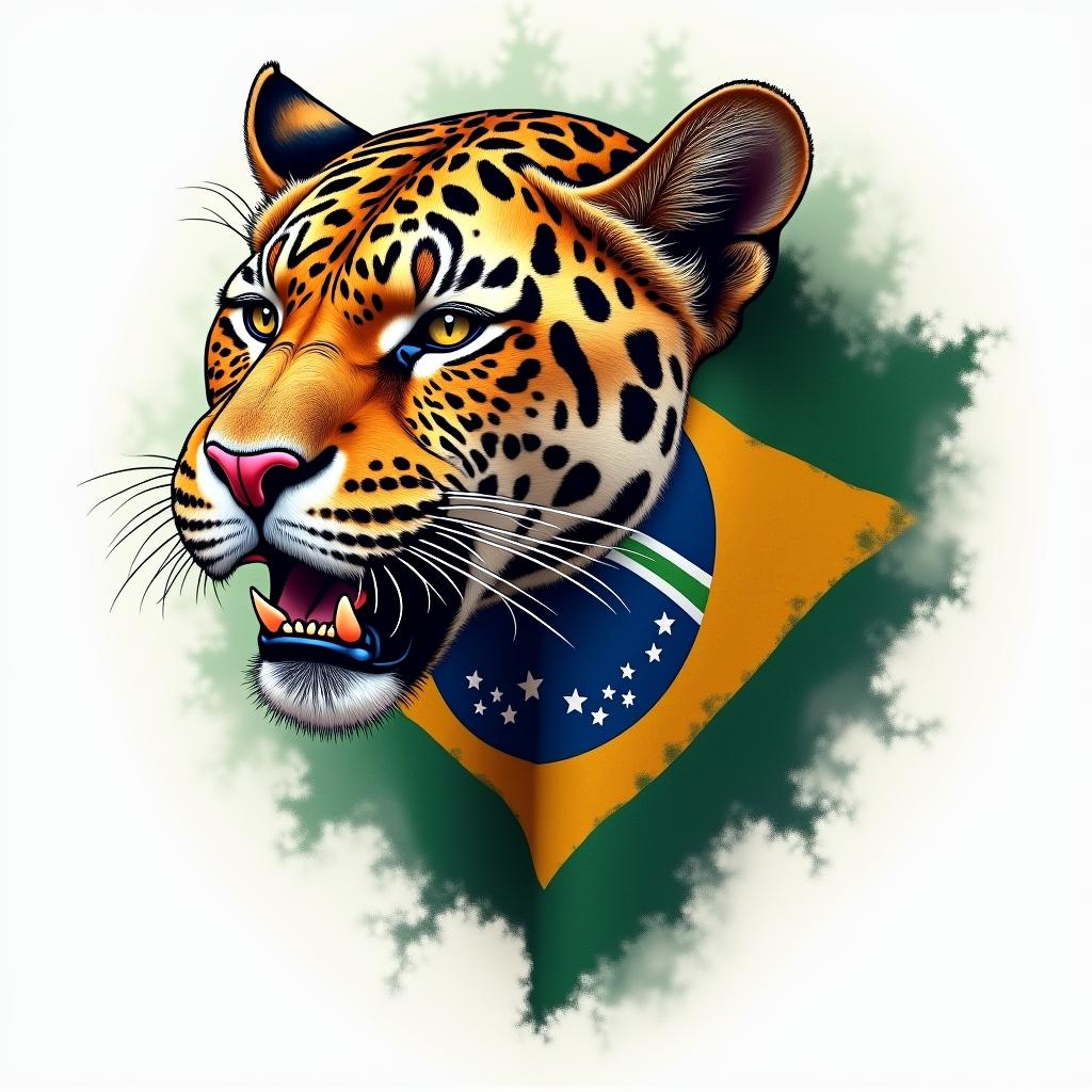 Brazilian flag with jaguar in colorhigly detailed tattoo