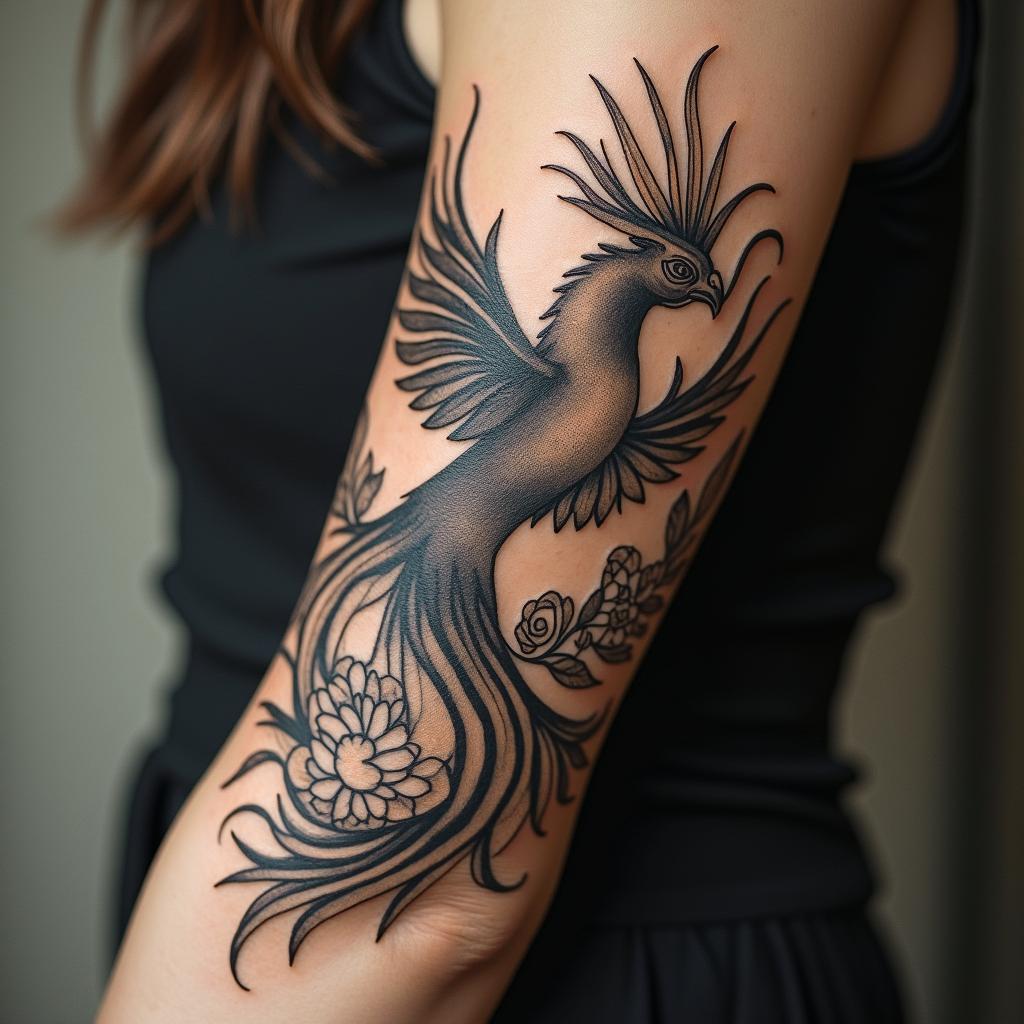 Phoenix, flames, feathersin victorian style tattoo, featuring vintage and elegant elements, ornate frames, roses, antique, sepia-toned color scheme